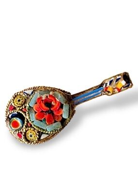 Italian Vintage Micro Mosaic Pin Victorian Mandolin Guitara Brooch Flowers Italy